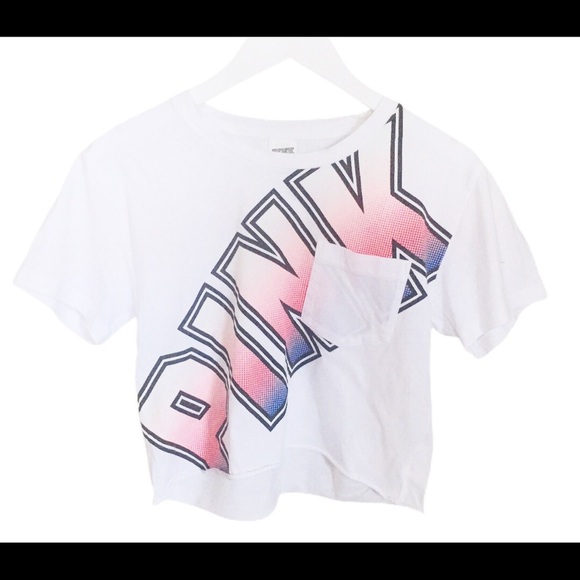 PINK Victorias Secret Pocket Crop Top/Tee With Pink Graphic Print Ivory Sz Small - Picture 4 of 11